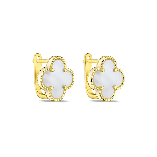 Золотые серьги Клевер Белый с перламутром